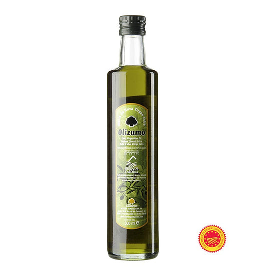 Alt text: Bottle of Natives Olivenöl Extra, Aceites Guadalentin Olizumo DOP/gU 100% Picual olive oil, 500 ml, showcasing the premium quality and unique origin of the product