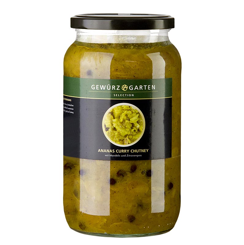 Gewürzgarten Ananas Curry Chutney, mit Mandeln, Holunderblüte und Zitronengras, 900 ml - exotisches Chutney mit fruchtiger Ananas, würzigem Curry, knusprigen Mandeln, süßer Holunderblüte und frischem Zitronengras in einer 900 ml Flasche (German)