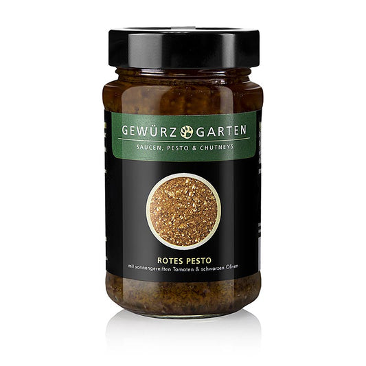 225 ml of Gewürzgarten Rotes Pesto featuring sun-ripened tomatoes and black olives (English)