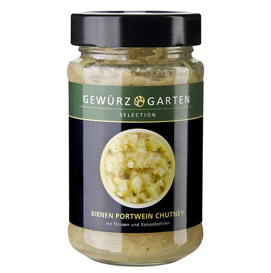 Gewürzgarten Birnen Portwein Chutney, mit Nüssen, Ingwer und Kakaobohnen, 225 ml - köstliche fruchtige Chutney-Mischung mit knackigen Nüssen, würzigem Ingwer und feinen Kakaobohnen, ideal für vielfältige Genussmomente, 225 ml Glas