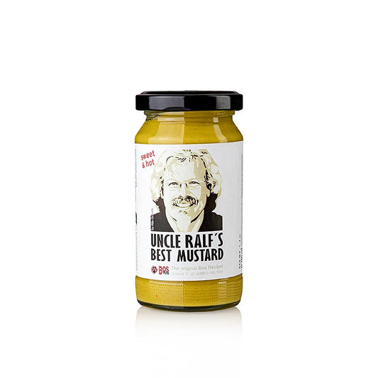 Kornmayer's Uncle Ralfs Best Mustard Senf, a 210 ml bottle of sweet and hot mustard condiment with a distinctive flavor and aroma (English)