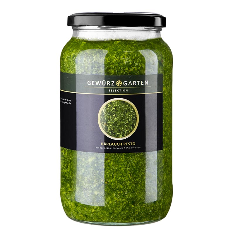 Bild eines 900-ml-Glases Gewürzgarten Bärlauch Pesto, handwerklich hergestellt aus frisch geerntetem Bärlauch und hochwertigen Zutaten, ideal zum Würzen von Nudeln, Brot, Fleisch oder Gemüse Geeignet für Hobbyköche und Profiköche