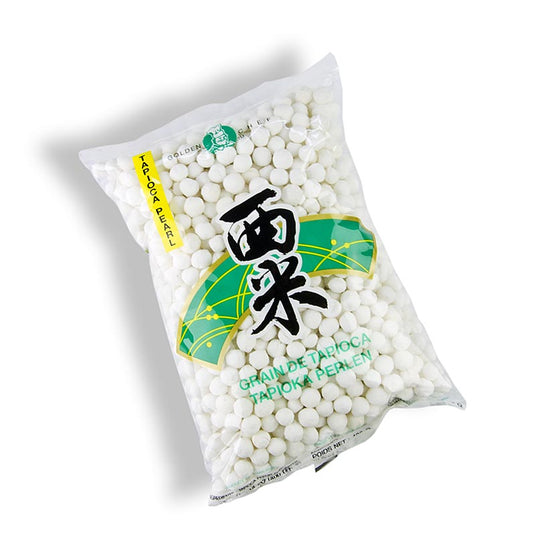 400g pack of white tapioca pearls, approximately 7mm in diameter (English)