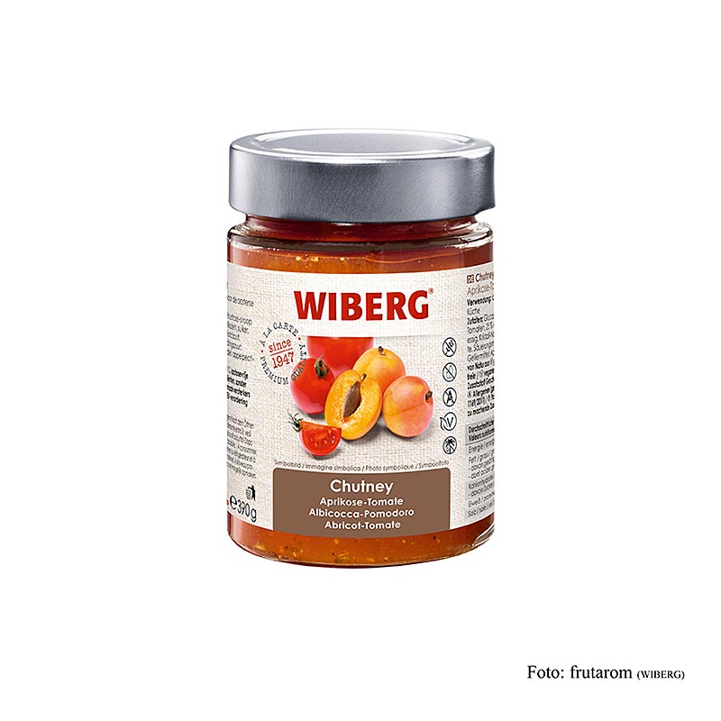 Alt text: WIBERG Chutney Aprikose-Tomate, 390 g, eine köstliche Mischung aus süßen Aprikosen und herzhaften Tomaten in einer praktischen 390 g Verpackung