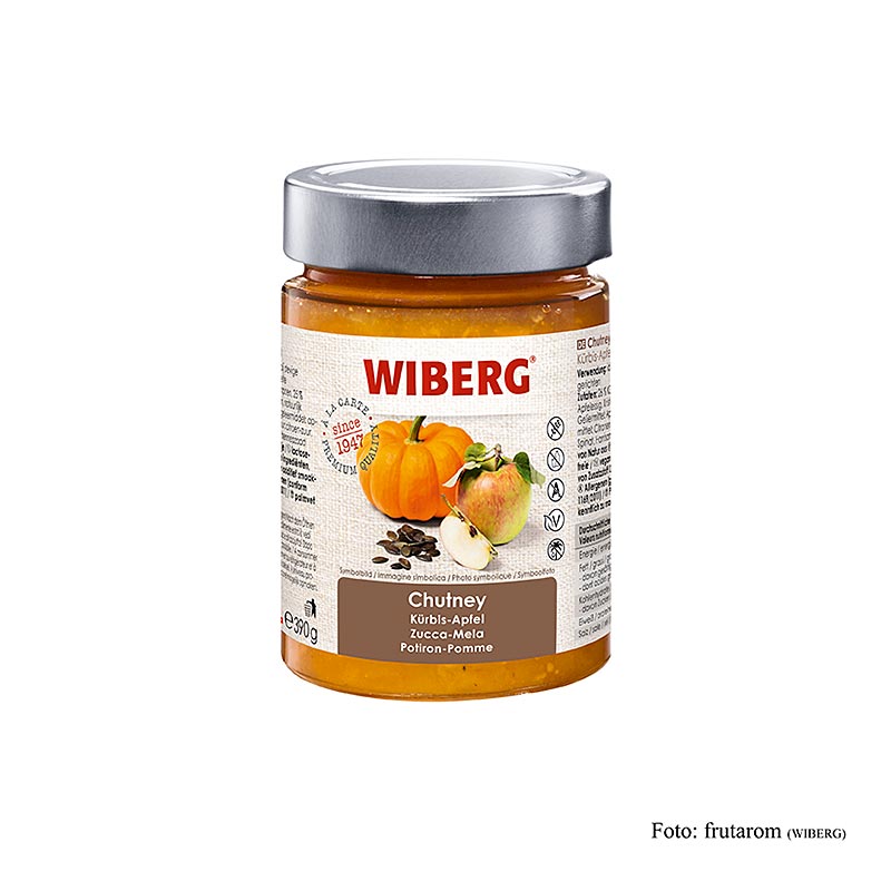 Close-up of WIBERG Chutney Kürbis-Apfel, 390 g, a delicious and savory pumpkin-apple chutney in a jar, perfect for enhancing your meals with its rich and flavorful taste (English)