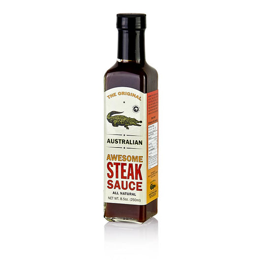 250 ml bottle of The Original Australian Awesome Steak Sauce, a flavorful condiment for grilling and marinating meat (English)