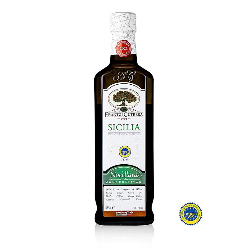 500ml bottle of Natives Olivenöl Extra, Frantoi Cutrera IGP/ggA, made with 100% Nocellara del Belice olives (English)