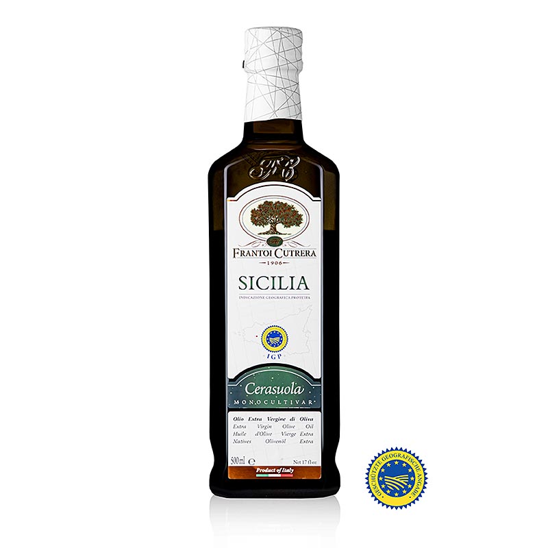 Alt text: Bottle of Natives Olivenöl Extra, Frantoi Cutrera IGP/ggA, 100% Cerasuola, 500 ml, a high-quality olive oil product from Italy