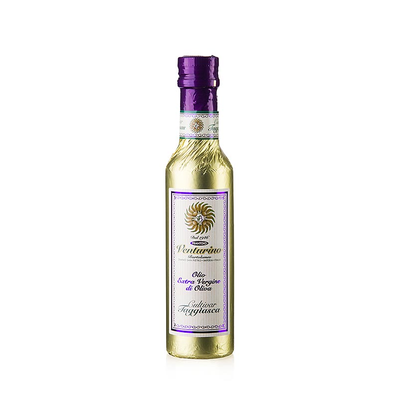 250 ml bottle of Natives Olivenöl Extra Venturino made from 100% Taggiasca olives, featuring gold foil packaging (English)