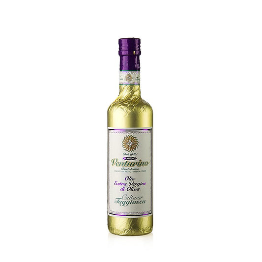 German

Alt text: Natives Olivenöl Extra Venturino, hergestellt aus 100% Taggiasca Oliven, in einer 500 ml Flasche mit Goldfolie verpackt