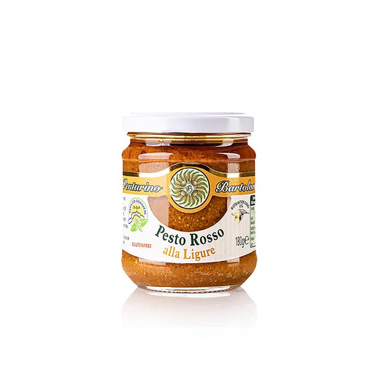 Pesto Rosso, eine Sauce mit Basilikum, Tomaten und Nüssen, in der Venturino-Verpackung mit einem Gewicht von 180 g, ideal zum Verfeinern Ihrer Lieblingsgerichte