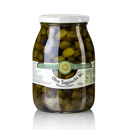 Venturino's 950 g Oliven Mischung, featuring green and black Taggiasca olives without the core, preserved in oil