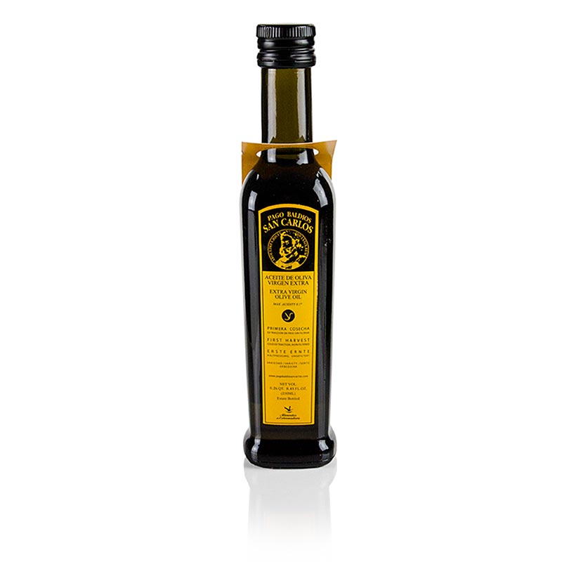 250 ml bottle of Natives Olivenöl Extra, Pago Baldios San Carlos, made from 100% Arbequina olives, a premium quality olive oil (English)