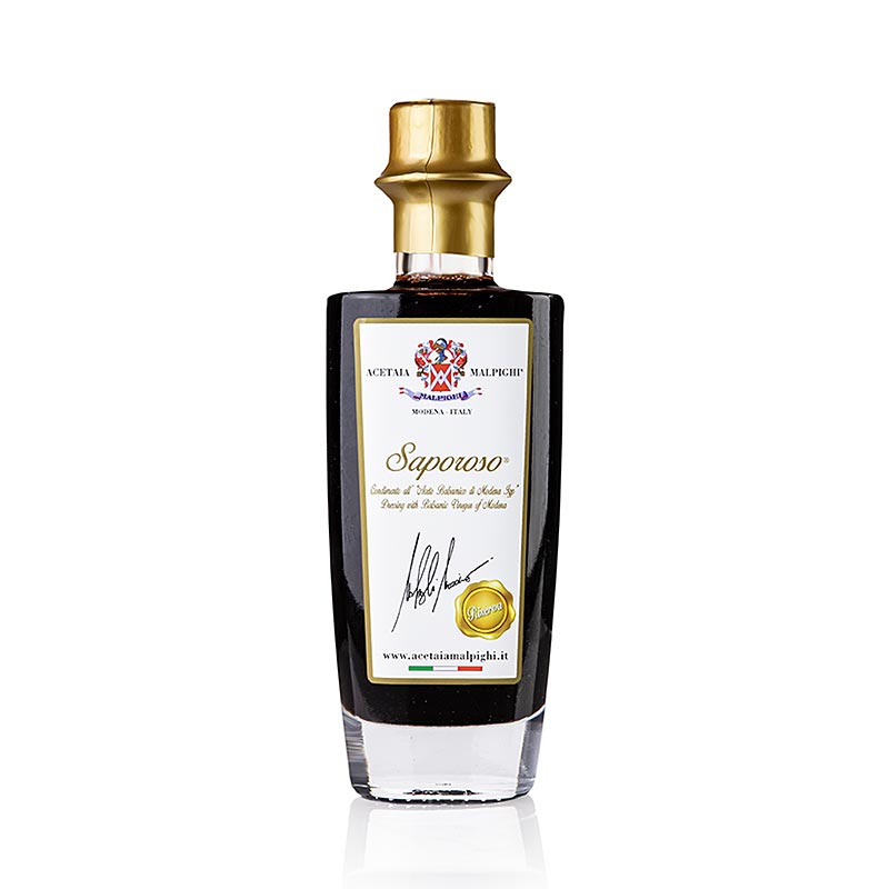 200 ml bottle of 8-year-old Balsamico Condiment Saporoso Riserva aged in oak and acacia wood, produced by Malpighi (English)