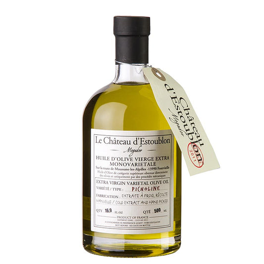 500 ml bottle of Natives Olivenöl Extra made from Picholine Olives at Chateau d´Estoublon