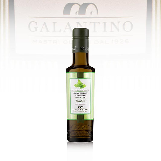 250 ml bottle of Galantino Natives Olivenöl Extra with Basilikum - Basilicolio, premium quality olive oil infused with aromatic basil, perfect for enhancing the flavor of your dishes