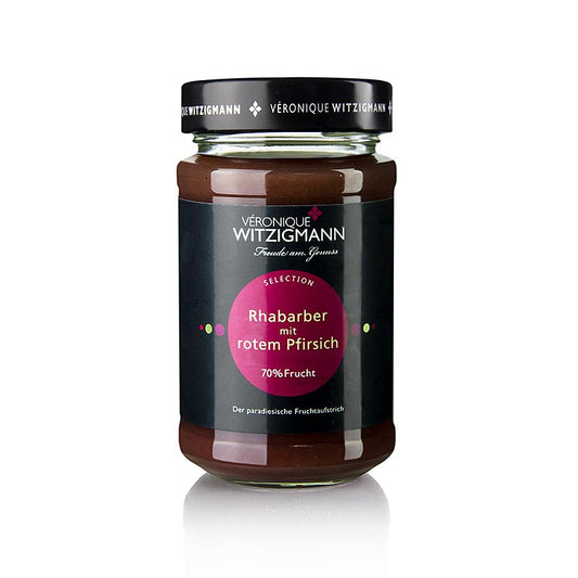 Rhabarber mit rotem Pfirsich - Fruchtaufstrich, 225 g, made with fresh rhubarb and ripe red peaches, perfect for spreading on toast or pastries