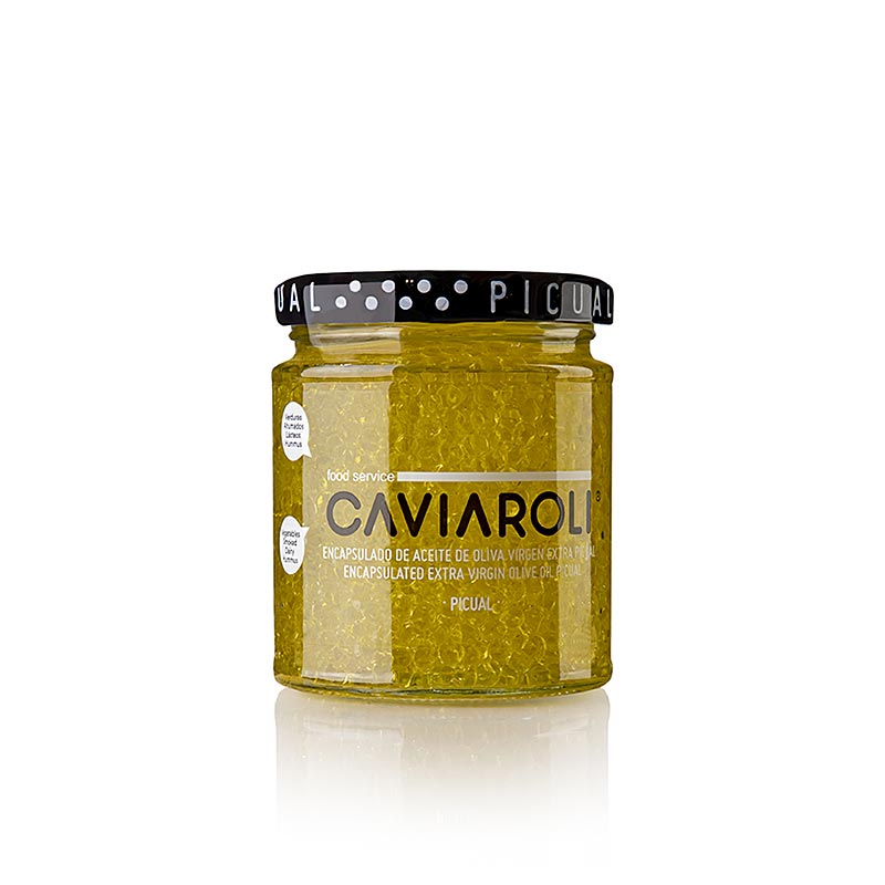 Kleine gelbe Perlen aus extra nativem Olivenöl, bekannt als Caviaroli® Olivenölkaviar, 200 g