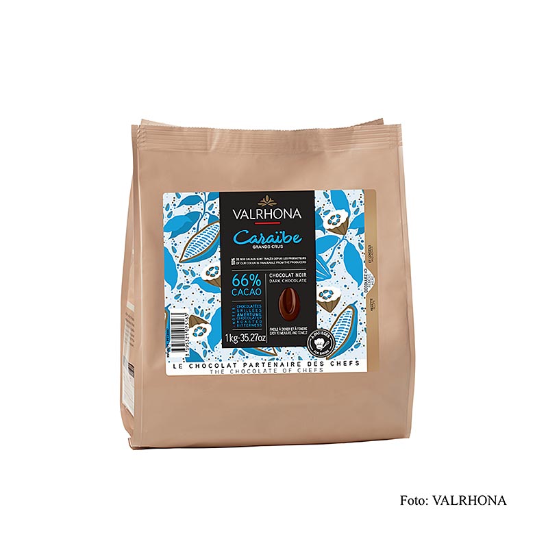 Valrhona Pur Caraibe Grand Cru dunkle Couverture, Callets, 66% Kakao, 1 kg - hochwertige Schokolade für professionelle Konditorei und Patisserie