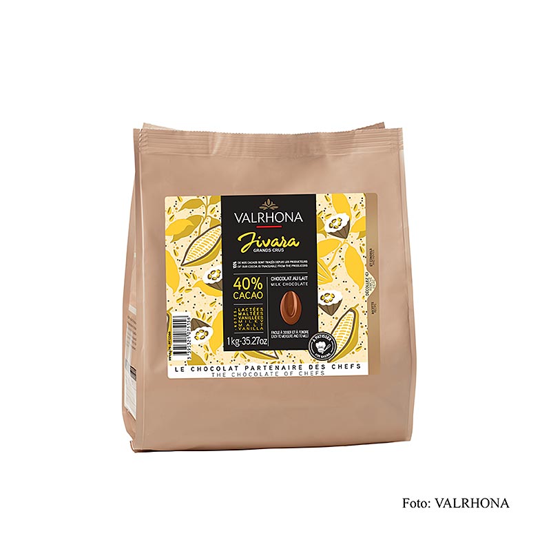 Valrhona Jivara Lactée Grand Cru Vollmilch Couverture Callets, a smooth and creamy 40% cocoa milk chocolate, 1 kg packaging