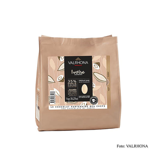 Valrhona Ivoire white couverture chocolate callets, 35% cocoa butter content, 1 kg packaging