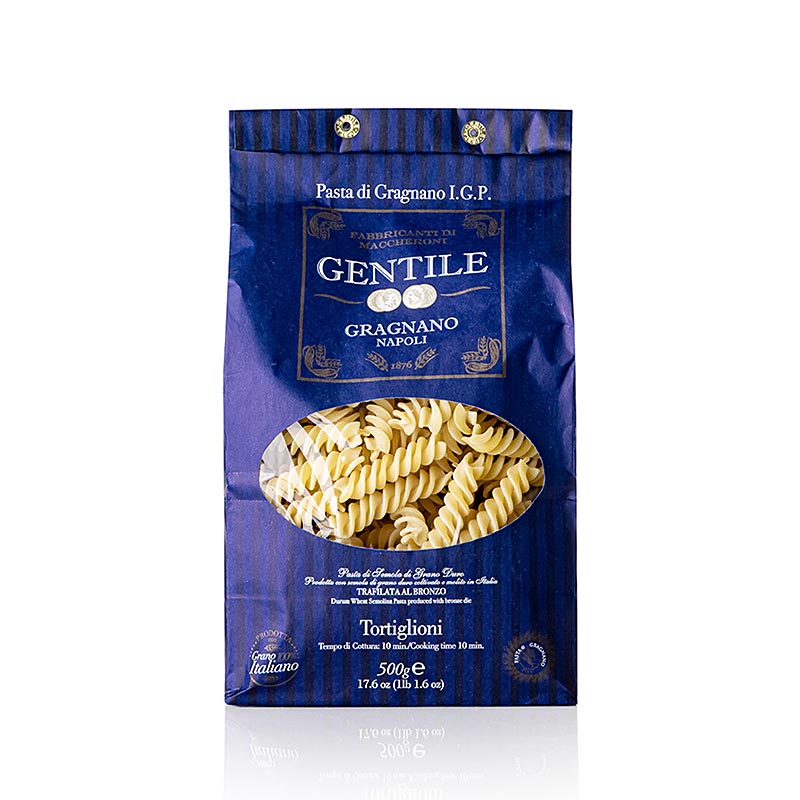 Alt text: 500 g package of Pastificio Gentile Gragnano IGP Tortiglioni, made with bronze die and certified by the Protected Geographical Indication, perfect for creating delicious Italian pasta dishes