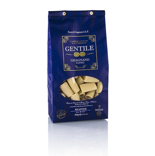 Delicious and authentic Pastificio Gentile Gragnano IGP Rigatoni, 500g, made with bronze die and perfect for traditional Italian dishes