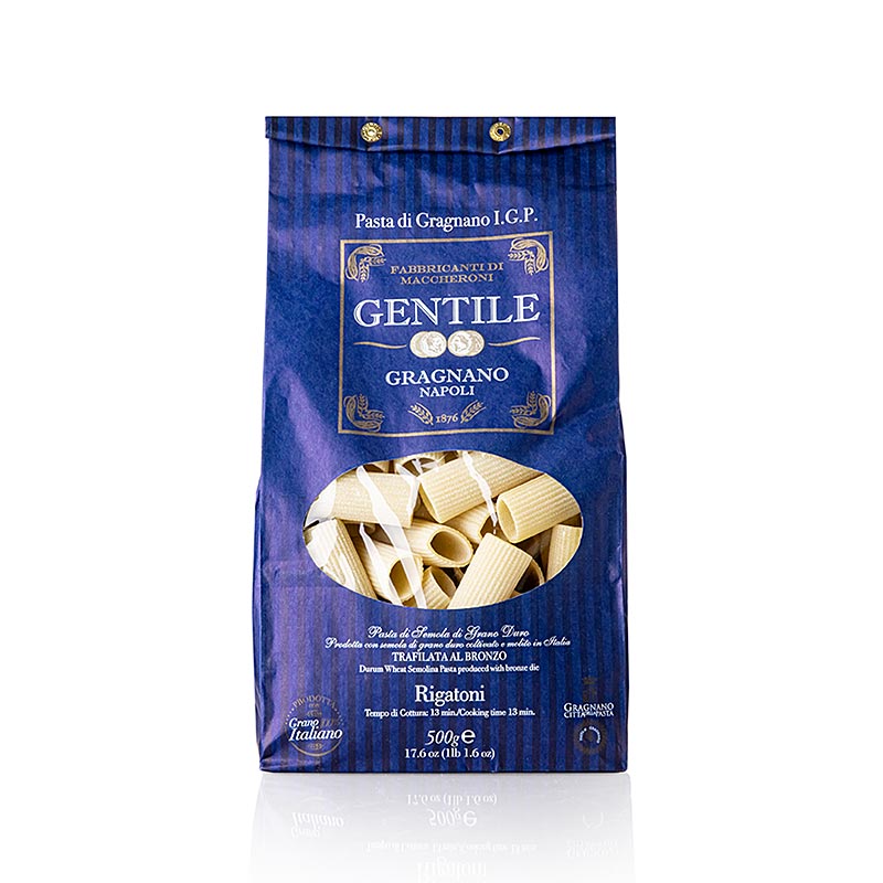 English:
Image of 500g package of Pastificio Gentile Gragnano IGP Rigatoni, bronze-drawn pasta