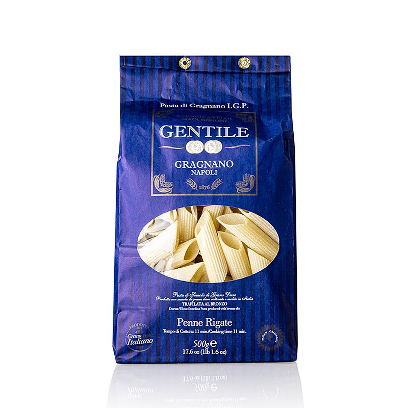 Image of 500g package of bronze-drawn Penne rigate from Pastificio Gentile Gragnano IGP, a high quality Italian pasta (English)