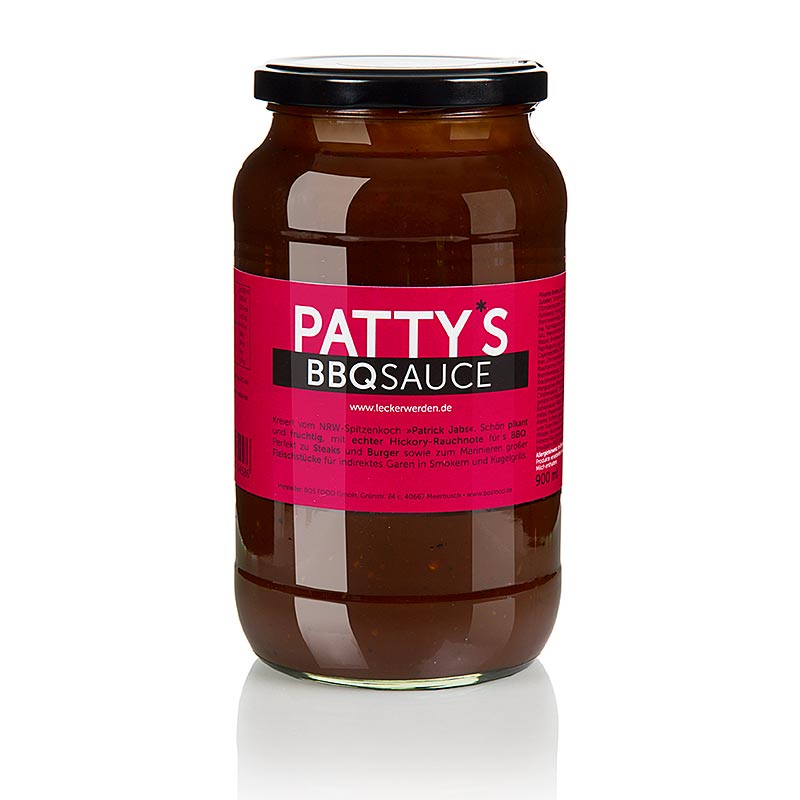 German

SEO-freundlicher Alt-Text für ein Bild des Produkts Pattys BBQ Sauce, kreiert von Patrick Jabs, 900 ml: Leckere und vielseitige Pattys BBQ Sauce, hergestellt von Patrick Jabs, in einer praktischen 900 ml Flasche