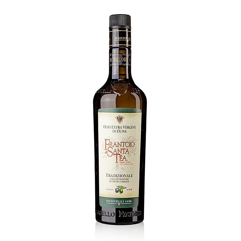 Alt text: 750 ml bottle of Natives Olivenöl Extra, Santa Tea Gonnelli Tradizionale olive oil, an authentic and traditional product from Italy