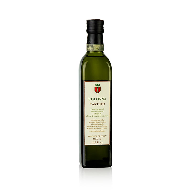 500 ml bottle of M Colonna Natives Olivenöl Extra mit weißer Trüffel-Aroma (Trüffelöl), a gourmet white truffle infused olive oil