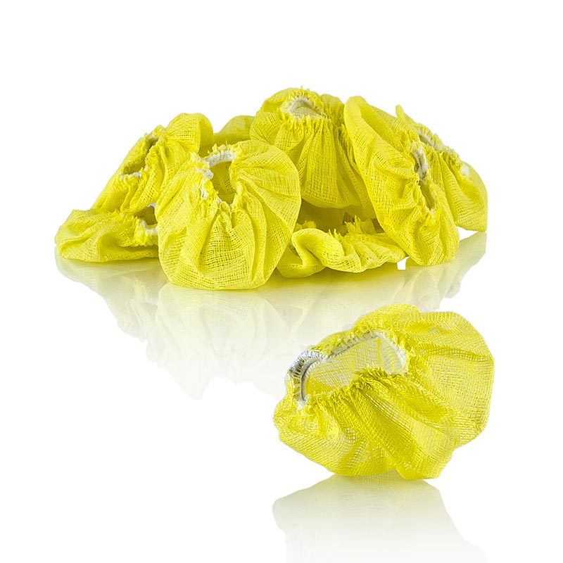 Alt text: The Original Lemon Stretch Wraps - Zitronenserviertuch, gelb mit Gummiband, 100 St, a yellow elastic cloth for wrapping lemons, ideal for serving and storage