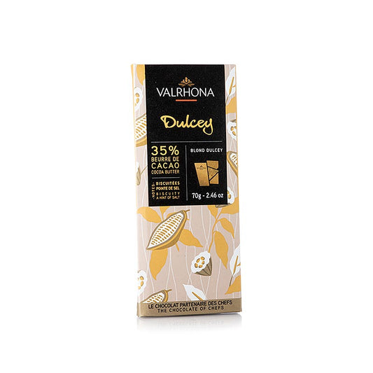 Valrhona Dulcey - Blonde Schokolade, 32% Kakao, 70 g, smooth and creamy caramelized white chocolate with a hint of biscuit flavor, perfect for baking and snacking