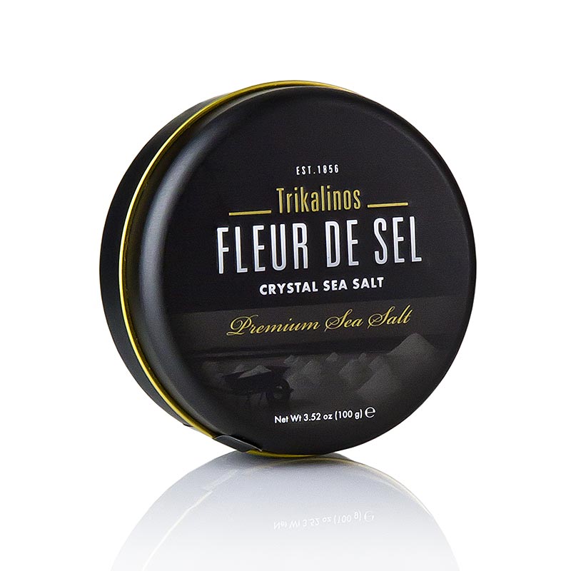 100 gram package of Fleur de Sel from Trikalinos, Greece, known for its high quality and purity, perfect for enhancing the flavor of any dish (English)