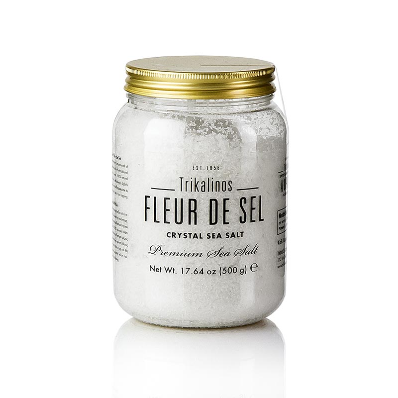 Hand-harvested Fleur de Sel from Trikalinos, Greece, in a 500g package (English)