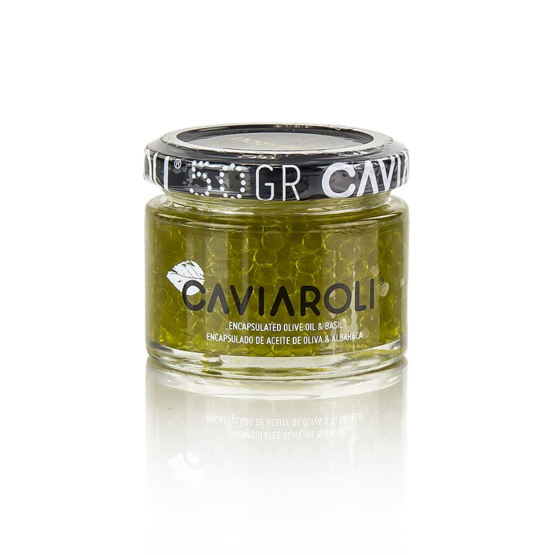 Caviaroli® Olivenölkaviar, kleine Perlen aus Olivenöl mit Basilikum, grün, 50 g, ideal für die Verfeinerung von Salaten und Vorspeisen