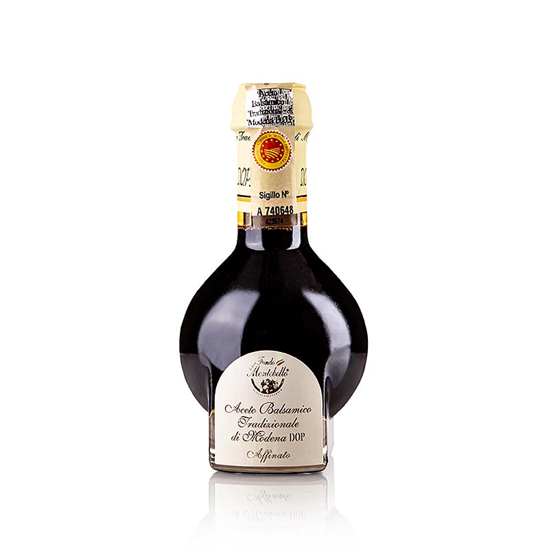 Alt text: Bottle of Aceto Balsamico di Modena Tradizionale Affinato DOP/gU, aged for 12 years, 100 ml, a premium and authentic Italian balsamic vinegar product