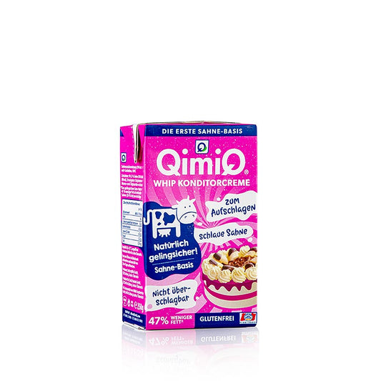 German

Alt text: QimiQ Whip Natur, das ideale Produkt zum Aufschlagen für süße & pikante Cremes mit 19% Fettgehalt, in einer praktischen 250 g Verpackung