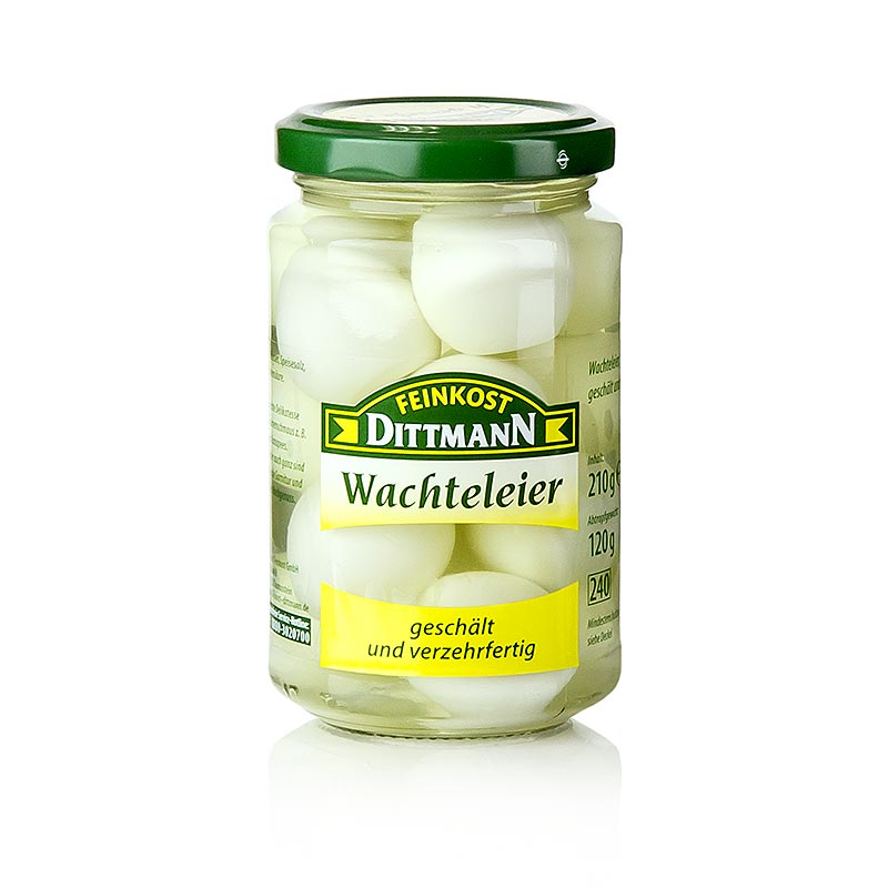 Wachtel-Eier marinated in Lake, Feinkost Dittmann, 220 g, approximately 12 quail eggs in a jar