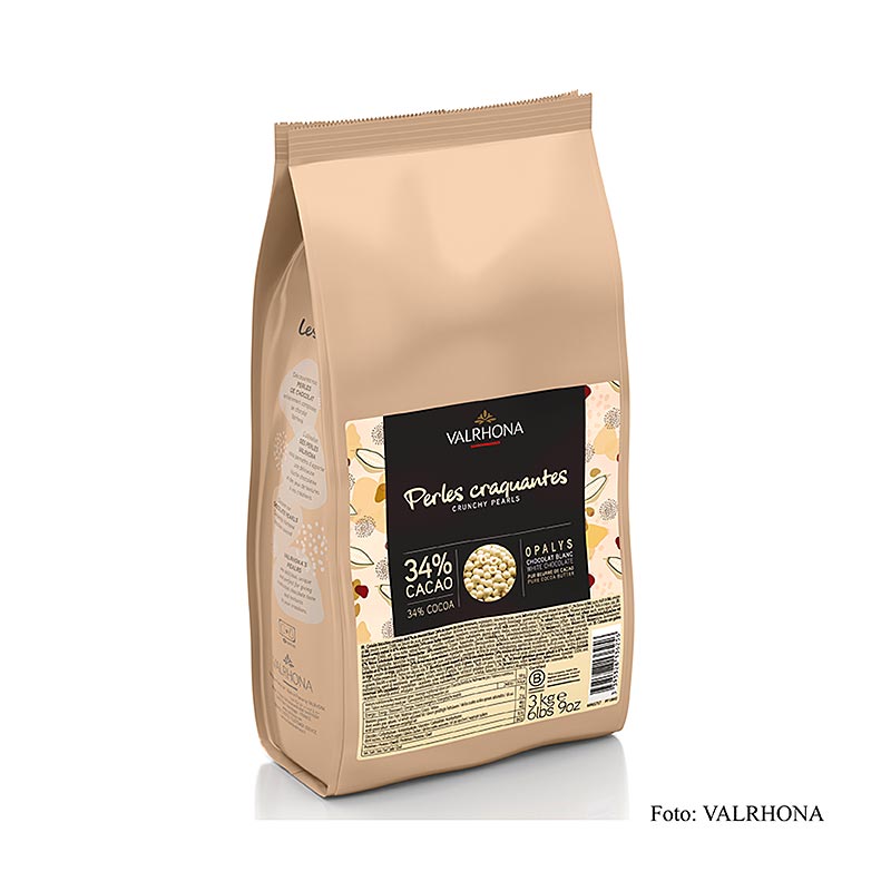 Valrhona Knusprige Perlen, a 3 kg product with crunchy cereal filling and Opalys white chocolate coating