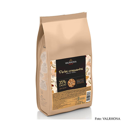 Valrhona Knusprige Perlen, Getreidefüllung mit Dulcey Schokoüberzug, blond, 3 kg - gourmet chocolate-covered crispy cereal pearls, 3 kg packaging