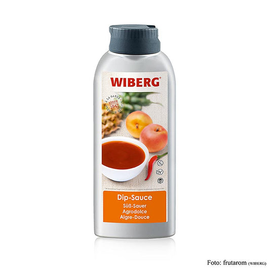 695 ml bottle of WIBERG Dip-Sauce Süß-Sauer, featuring fruity apricot flavor with a hint of chili, perfect for dipping and adding sweet and sour flavor to your dishes (English)