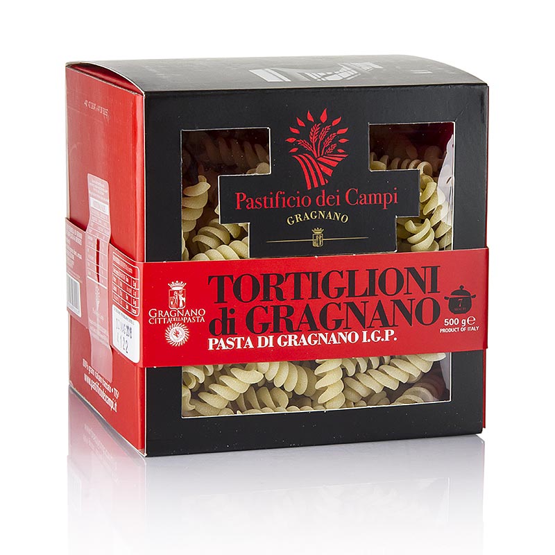 Alt text: 500g of No24 Tortiglioni pasta di Gragnano, IGP/gU, from Pastificio dei Campi (Italian)