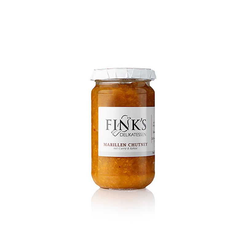 Marillen Chutney mit Curry und Kokos, 220 g von Fink's Delikatessen, eine köstliche Kombination aus süßen Aprikosen, würzigem Curry und exotischer Kokosnuss in einem Glas