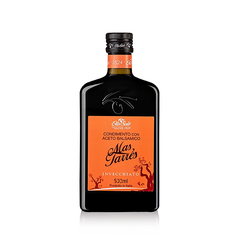 Alt text: Flasche mit 500 ml Mas Tarres Condimento con Aceto Balsamico, 7 Jahre, für verfeinerte kulinarische Gerichte