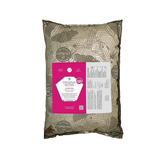 Alt text: Organic 75% Piura Porcelana Peru Bitter Chocolate Callets, 2kg packaging from Original Beans (English)