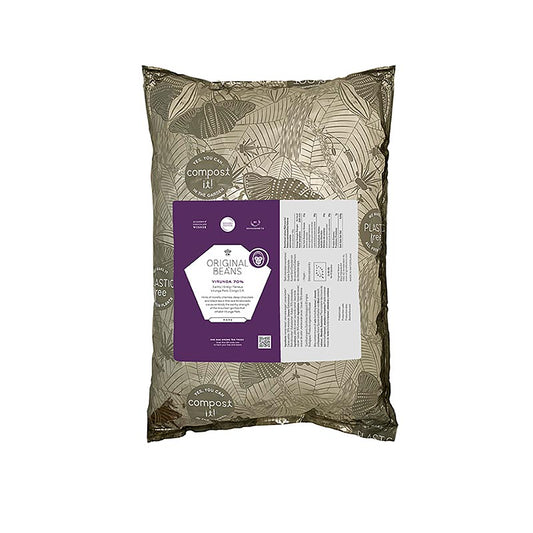 Alt text: Organic 70% Bitter Couverture Callets, 2 kg pack of Cru Virunga Kongo from Original Beans