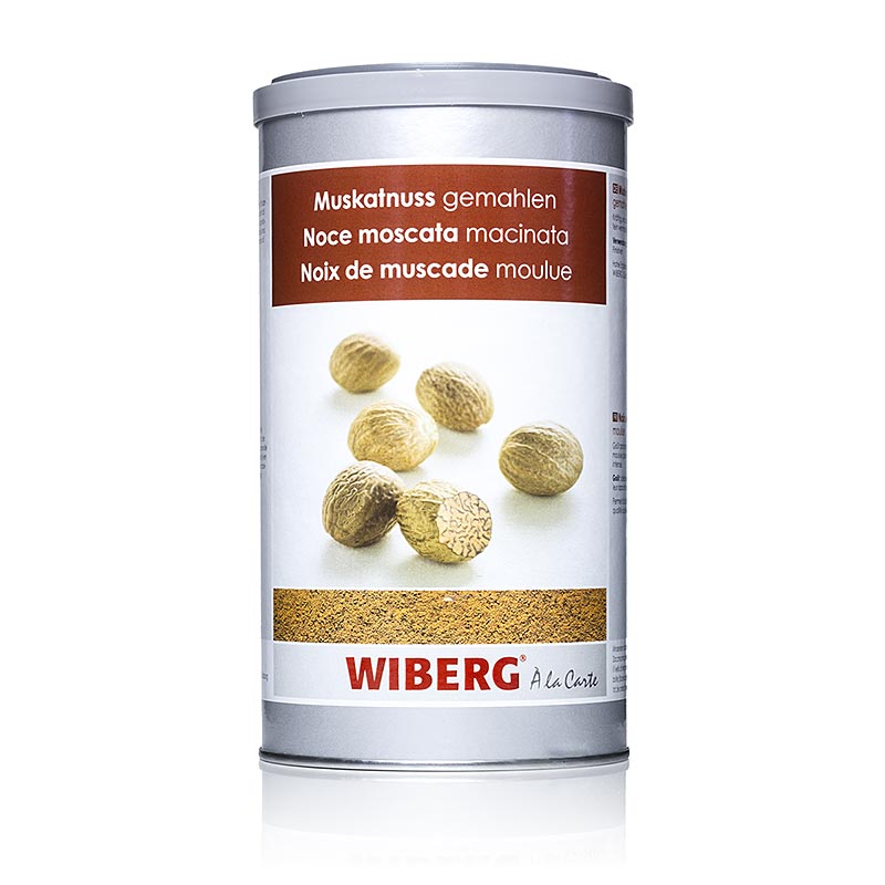 Close up of a 550g container of ground Wiberg Muskatnuss (nutmeg) product (English)