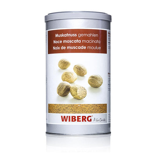 Close up of a 550g container of ground Wiberg Muskatnuss (nutmeg) product (English)